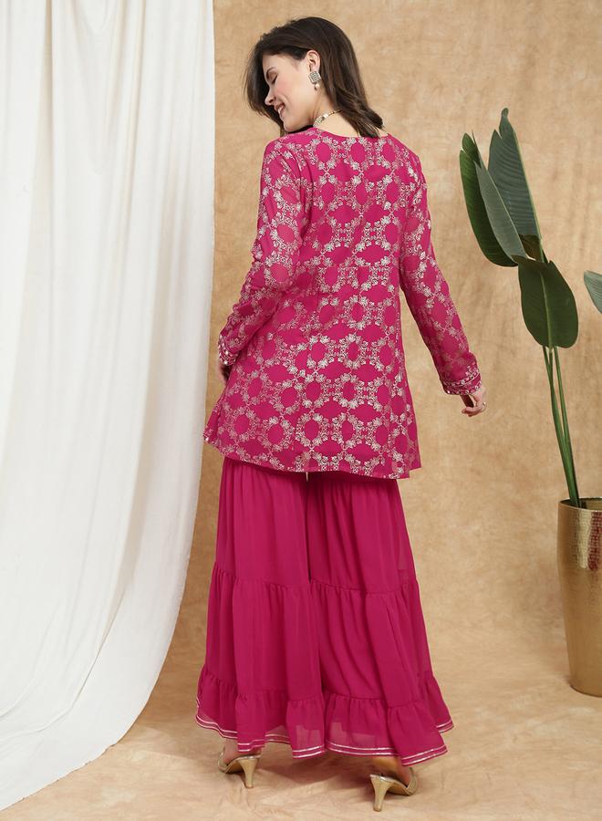 globus Women Pink V-Neck Gold Foil Print Tunic and Sharara Co-Ords - Image 2
